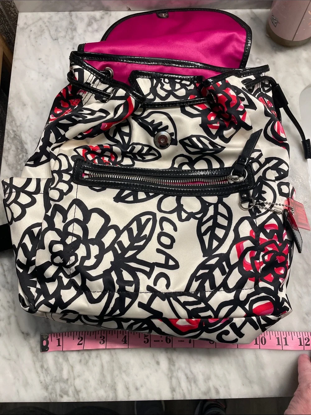Coach Cream Floral Convertible Backpack with Black & Red Accents - Picture 5 of 12